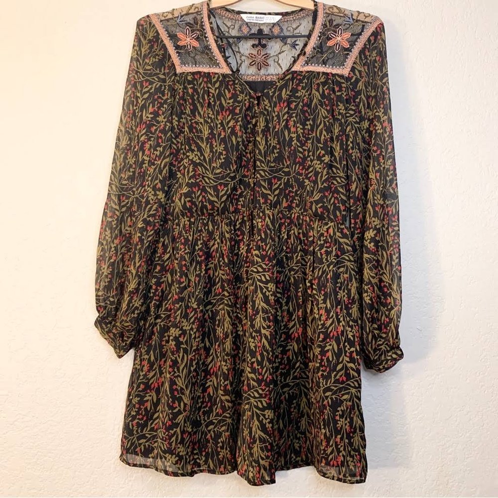 ZARA Green & Red Leaves Tunic Top Long Sleeve size Small
